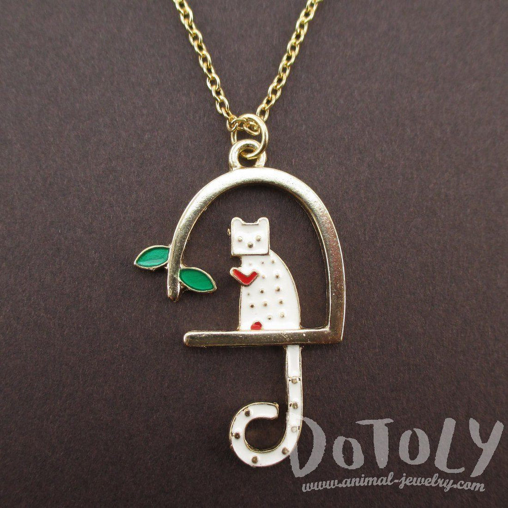 White Kitty Cat Sitting in a Birdcage Shaped Pendant Necklace | Animal Jewelry | DOTOLY