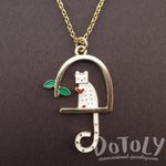 White Kitty Cat Sitting in a Birdcage Shaped Pendant Necklace | Animal Jewelry | DOTOLY