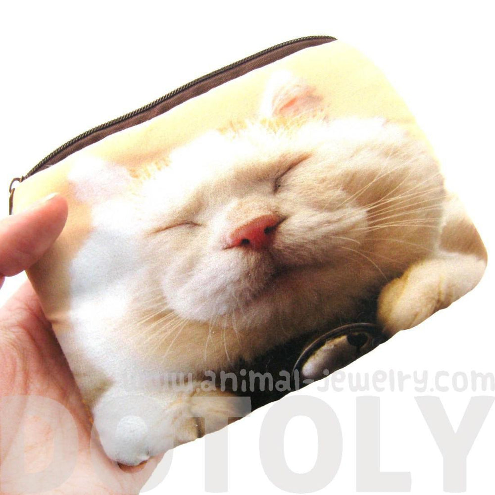 White Kitty Cat Tabby Face Digital Photo Print Animal Coin Purse Make Up Bag | DOTOLY