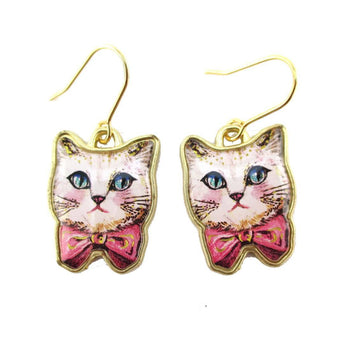 White Kitty Cat Wearing a Pink Bow Illustrated Dangle Earrings | DOTOLY | DOTOLY