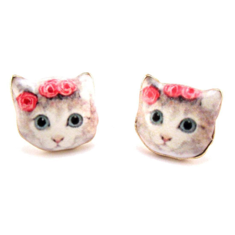 White Kitty Cat With a Floral Headdress Stud Earrings | Animal Jewelry