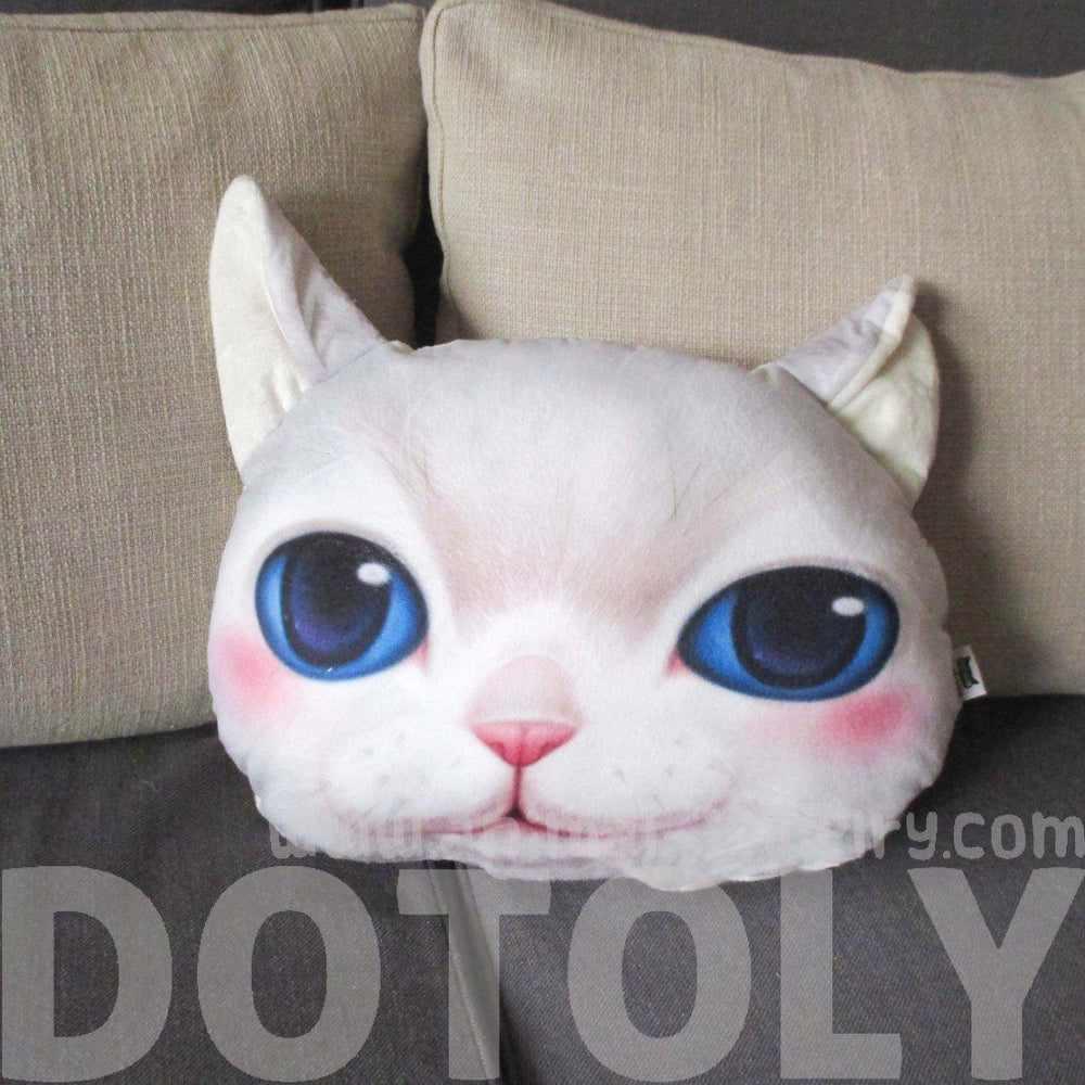White Kitty Cat With Blue Eyes Face Shaped Soft Fabric Cushion Pillow | DOTOLY