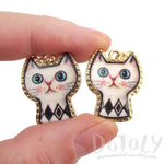 White Kitty Cat with Geometric Print Cartoon Shaped Dangle Earrings | DOTOLY | DOTOLY