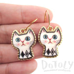 White Kitty Cat with Geometric Print Cartoon Shaped Dangle Earrings | DOTOLY | DOTOLY
