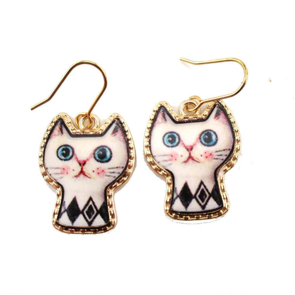 White Kitty Cat with Geometric Print Cartoon Shaped Dangle Earrings | DOTOLY | DOTOLY