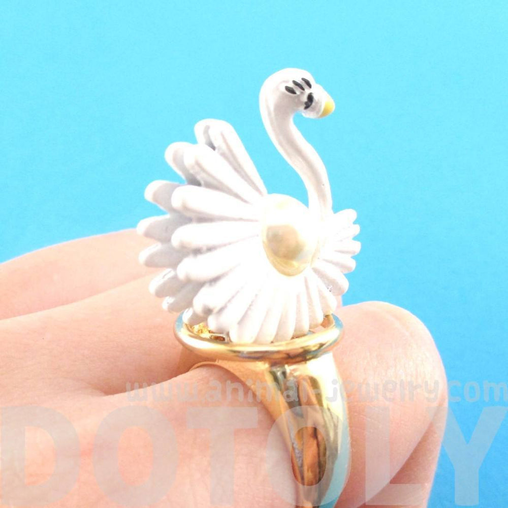 White Swan Shaped Animal Ring in Gold with Pearl Details | DOTOLY | DOTOLY