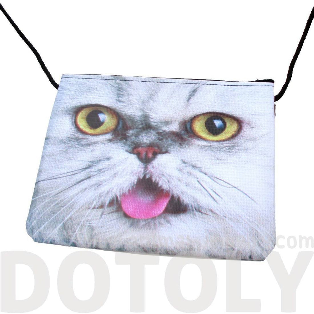 White Tabby Kitty Cat With Tongue Out Print Rectangular Cross Body Bag | DOTOLY