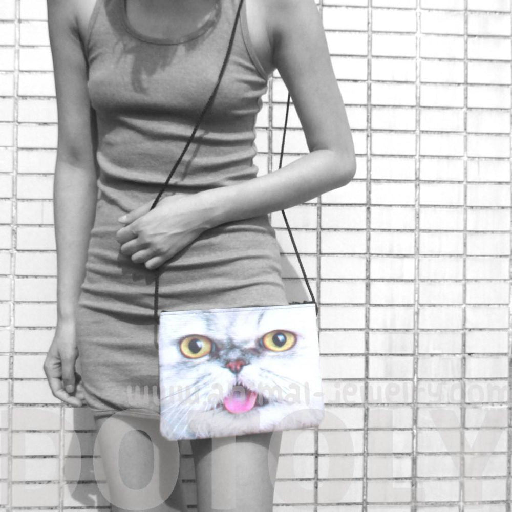 White Tabby Kitty Cat With Tongue Out Print Rectangular Cross Body Bag | DOTOLY