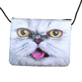 White Tabby Kitty Cat With Tongue Out Print Rectangular Cross Body Bag | DOTOLY