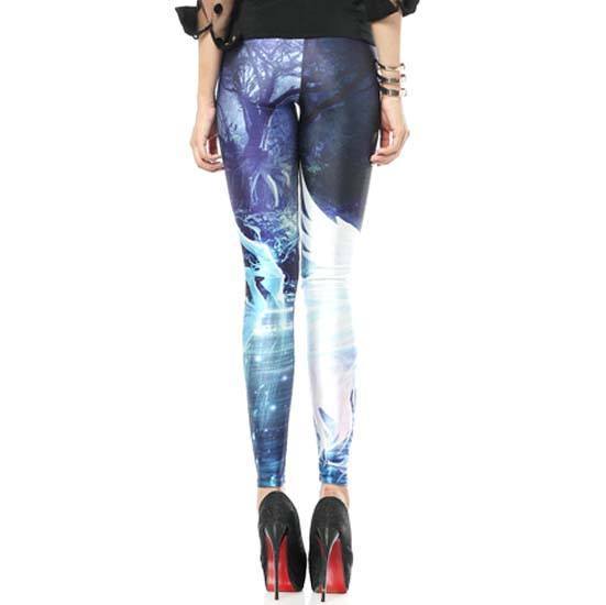 White Unicorn Galaxy Universe Sky Digital Print Comfy Stretch Leggings for Women in Blue | DOTOLY