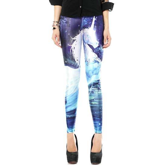 White Unicorn Galaxy Universe Sky Digital Print Comfy Stretch Leggings for Women in Blue | DOTOLY