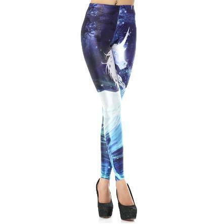 White Unicorn Galaxy Universe Sky Digital Print Comfy Stretch Leggings for Women in Blue | DOTOLY