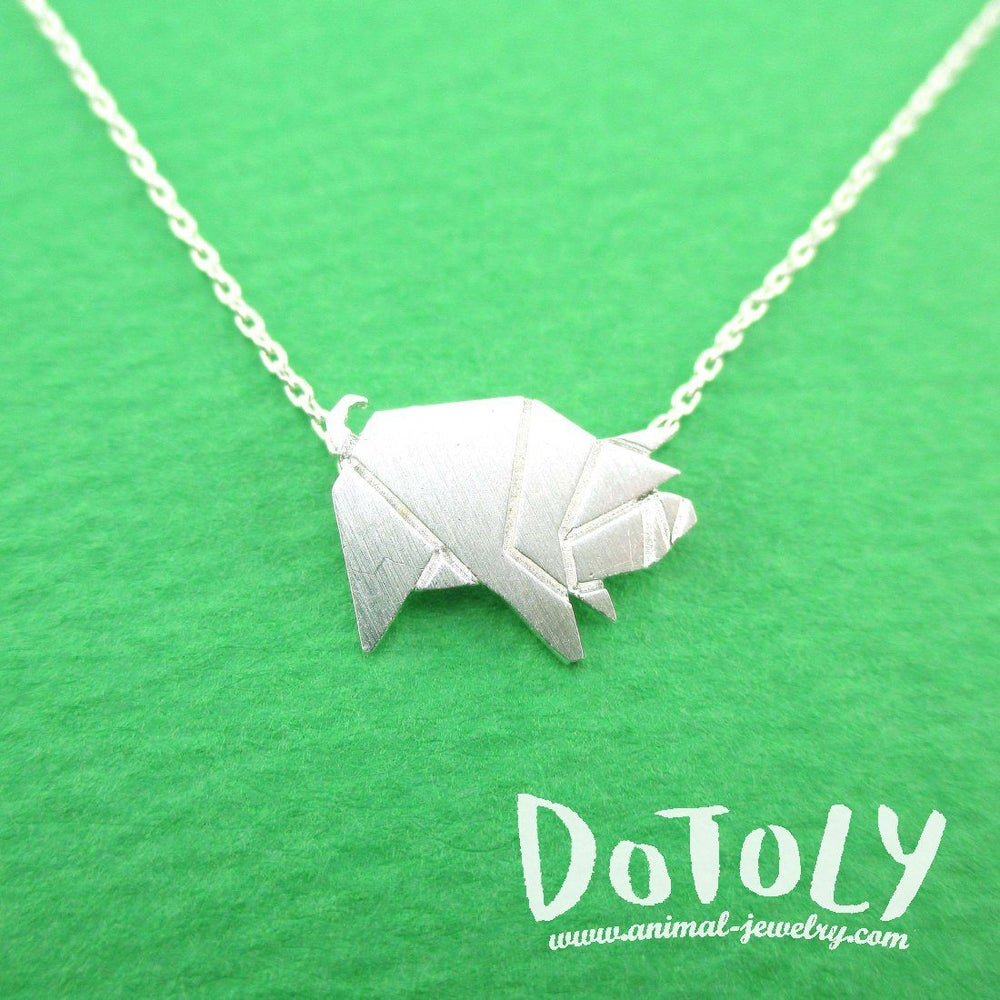 Wild Boar Pig Shaped Origami Pendant Necklace in Silver | Animal Jewelry