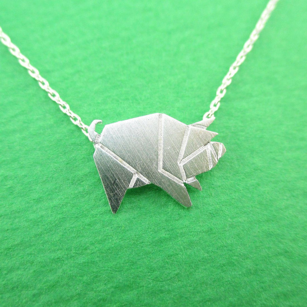 Wild Boar Pig Shaped Origami Pendant Necklace in Silver | Animal Jewelry