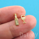 Wine Bottle and Glass Shaped Stud Earrings in Gold For Wine Lovers