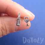 Wine Bottle and Glass Shaped Stud Earrings in Silver For Wine Lovers