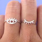 Wink Wink One Eye Open One Eye Closed Shaped 2 Piece Set Adjustable Rings in Silver