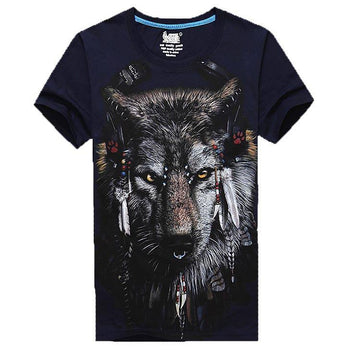 Wolf Face With Tribal Headdress Animal Print Graphic Tee in Navy | DOTOLY