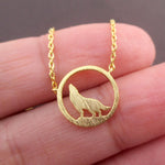 Wolf Howling Full Moon Dye Cut Shaped Pendant Necklace in Gold