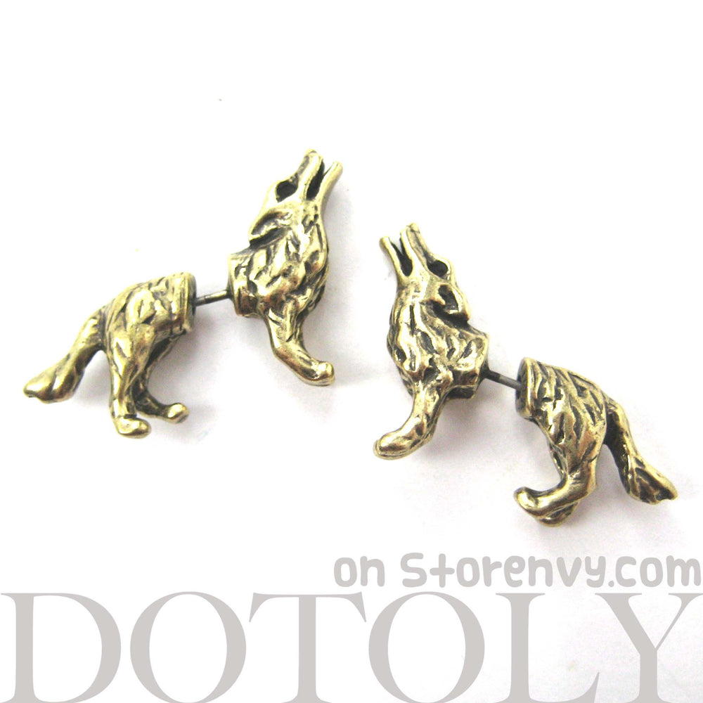 Fake Gauge Earrings: Realistic Wolf Fox Animal Shaped Plug Earrings in Brass | DOTOLY