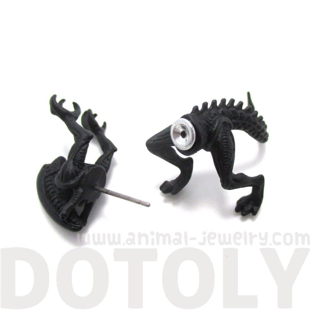 Xenomorph Alien vs. Predator AVP Shaped Front and Back Stud Earrings in Black | DOTOLY