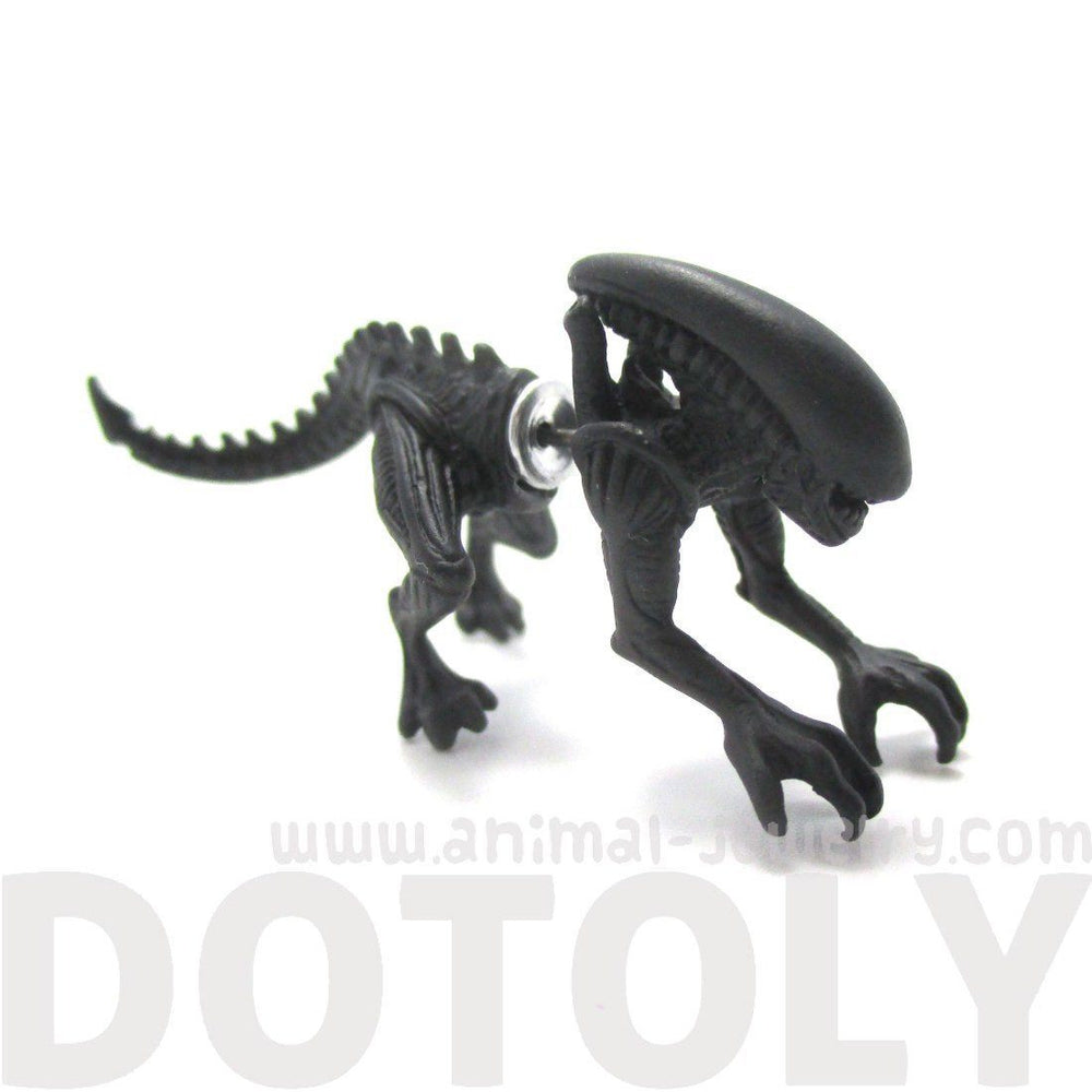 Xenomorph Alien vs. Predator AVP Shaped Front and Back Stud Earrings in Black | DOTOLY