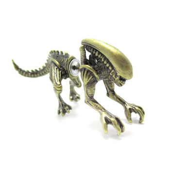 Xenomorph Alien vs. Predator AVP Shaped Front and Back Stud Earrings in Brass | DOTOLY