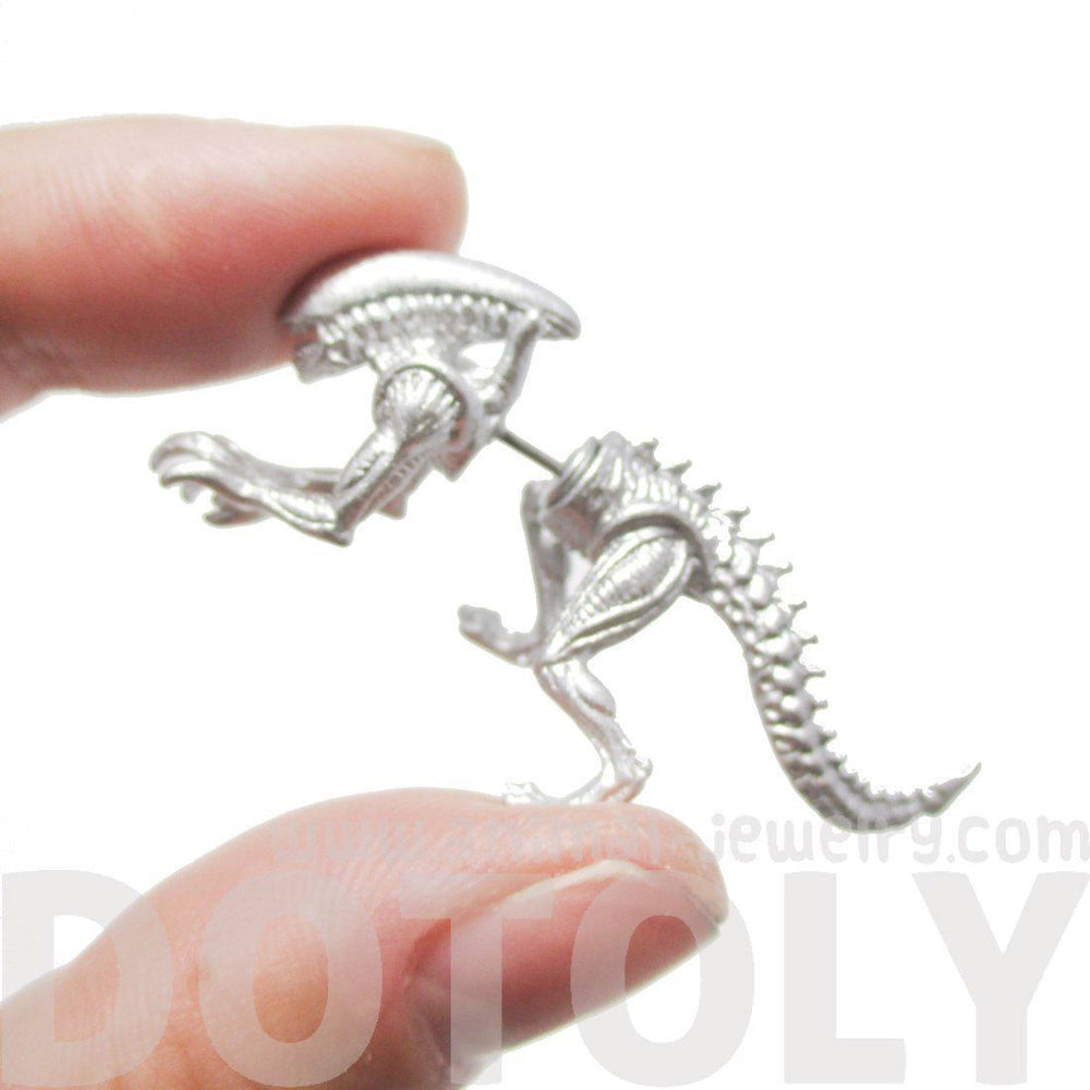 Xenomorph Alien vs. Predator AVP Shaped Front and Back Stud Earrings in Shiny Silver | DOTOLY