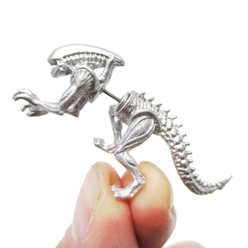 Xenomorph Alien vs. Predator AVP Shaped Front and Back Stud Earrings in Shiny Silver | DOTOLY
