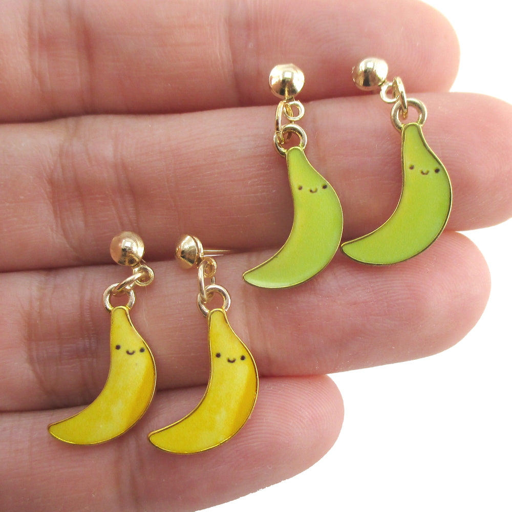 Yellow Green Ripe Unripe Smile Banana Shaped Fruity Drop Stud Earrings