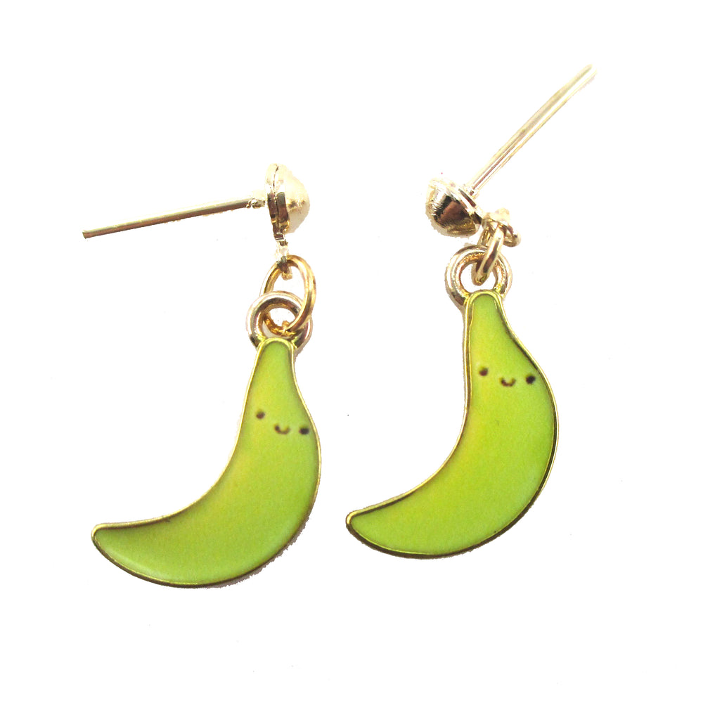 Green Unripe Smiley Face Banana Shaped Fruity Drop Dangle Stud Earrings
