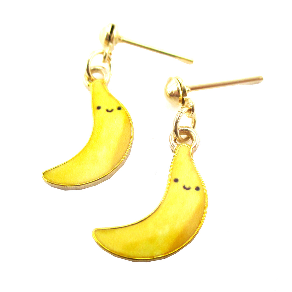 Yellow Ripe Smiley Banana Shaped Fruity Drop Stud Earrings