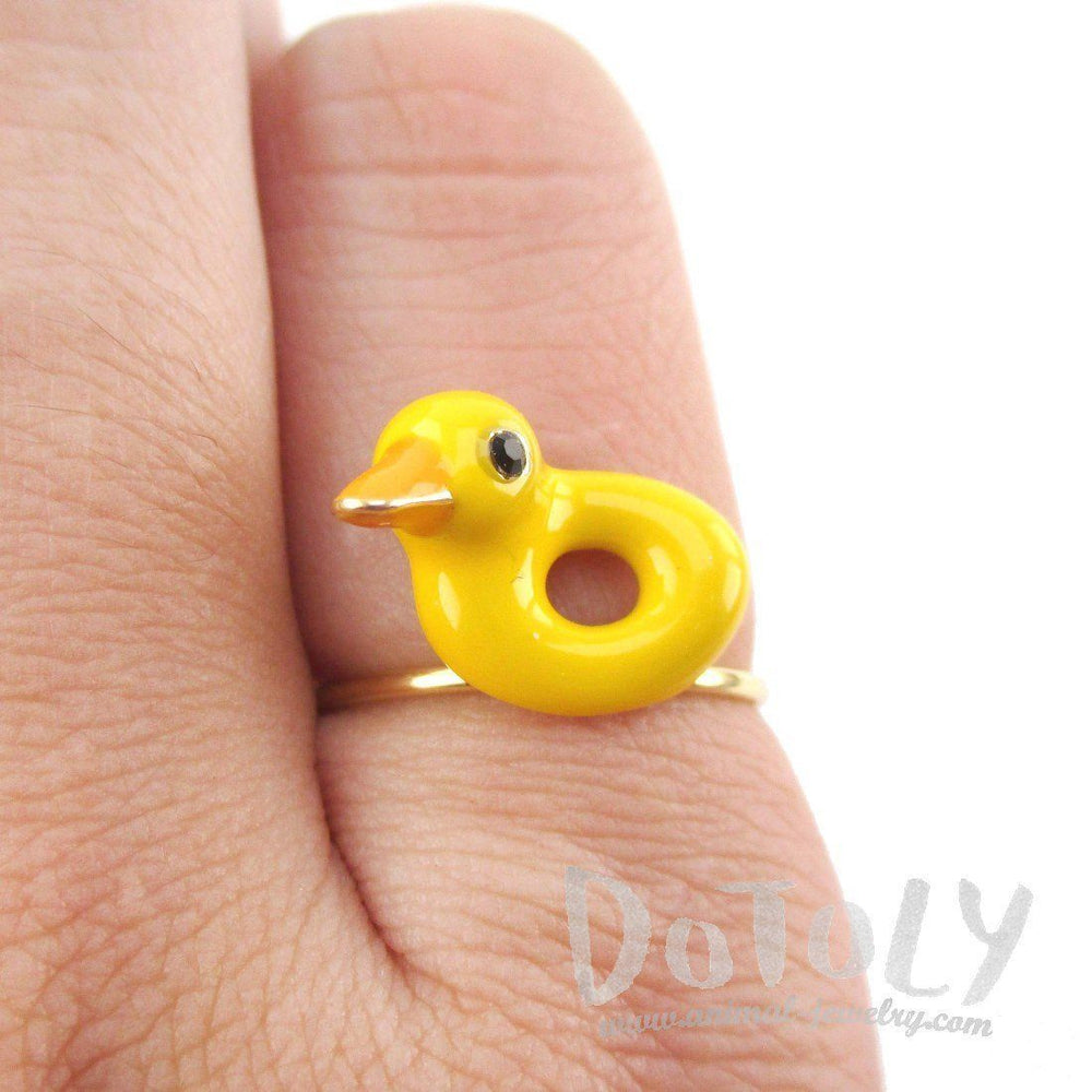 Yellow Rubber Ducky Shaped Enamel Ring | Animal Jewelry