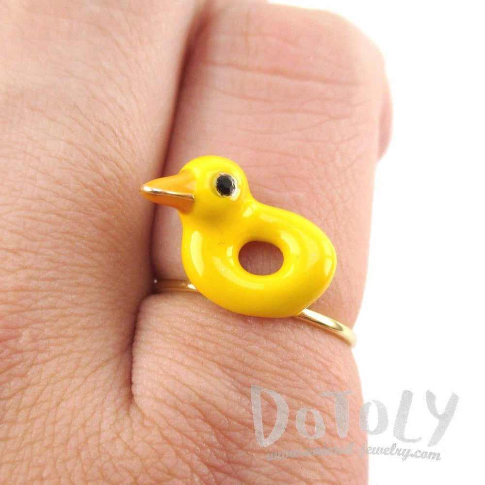 Yellow Rubber Ducky Shaped Enamel Ring | Animal Jewelry