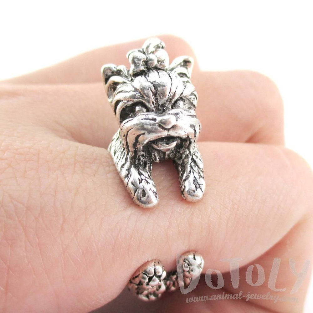 Yorkshire Terrier Dog Shaped Animal Wrap Around Ring in Silver | Sizes 5 to 8 | DOTOLY