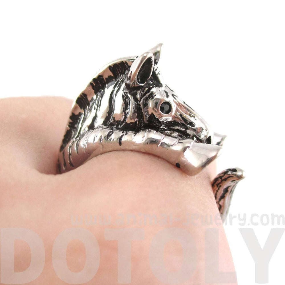 Zebra Shaped Animal Wrap Around Ring in Shiny Silver | US Sizes 4 to 9 | DOTOLY