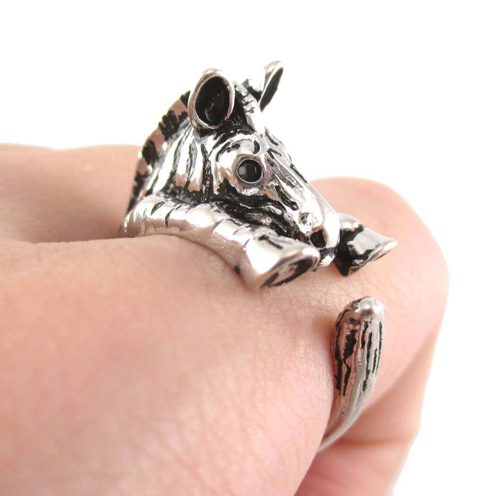 Zebra Shaped Animal Wrap Around Ring in Shiny Silver | US Sizes 4 to 9 | DOTOLY