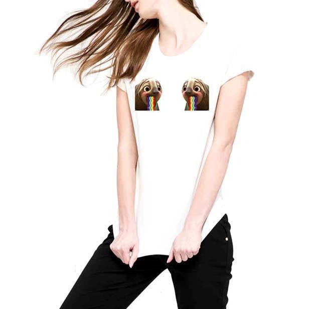 Zootopia Sloth Puking Rainbow Vomit Animal Meme Print Graphic Tee in White | DOTOLY | DOTOLY